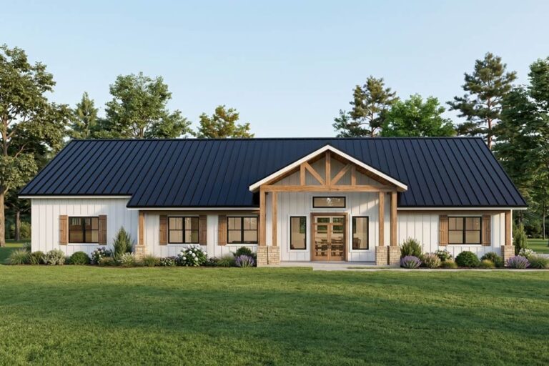 3-Bedroom 1-Story Farmhouse Barndominium With Expansive Front Porch And 3-Car Garage (Floor Plan)