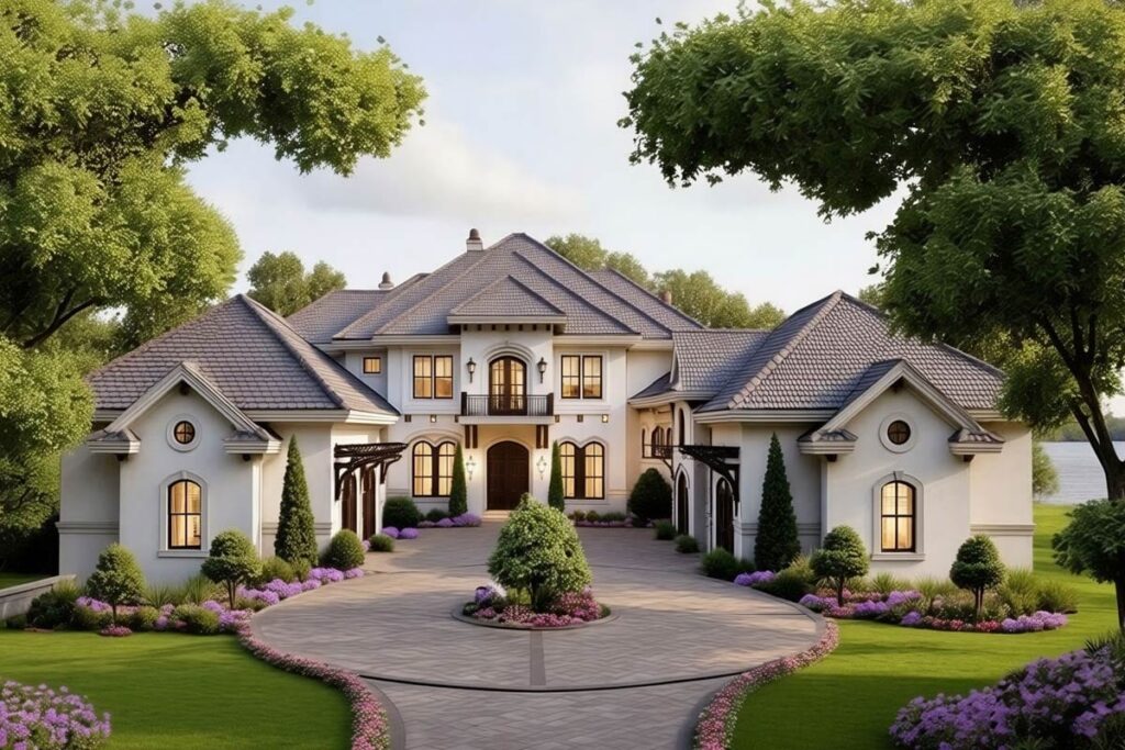 House plan exterior of a two-story Mediterranean style home with a circular driveway, arched windows, and a central balcony.