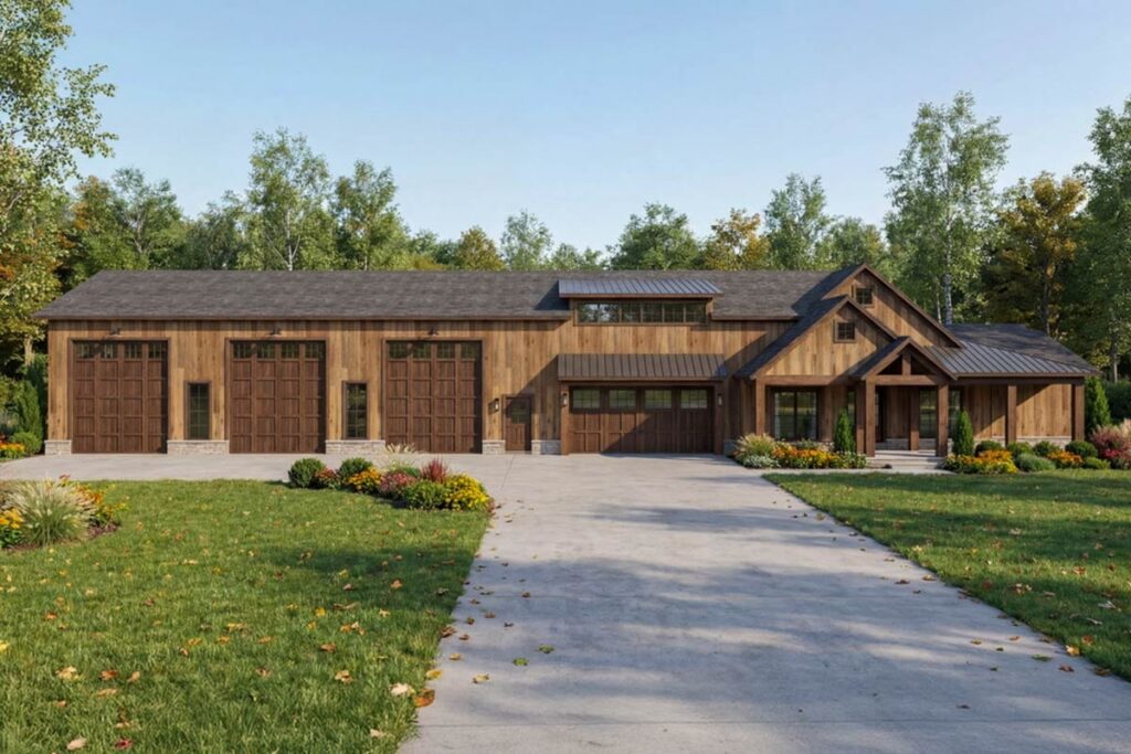 A large, rustic home with a three-car garage and a main house section. Brown wood siding and a concrete driveway lead to the entrance.