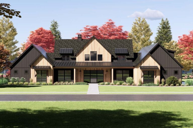 Modern Farmhouse house plan exterior with gables, metal awnings, and a covered entry with a glass garage door.