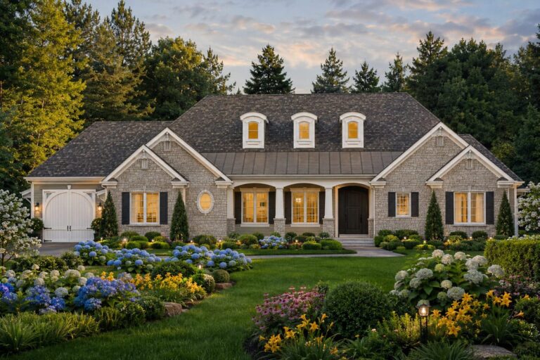 House plan exterior: Stone and siding, 1.5-story home with gable dormers, covered porch, and arched garage door.